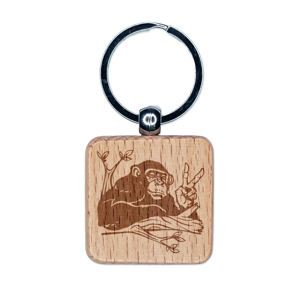 Peace Loving Bonobo Chimpanzee Engraved Wood Square Keychain Tag Charm