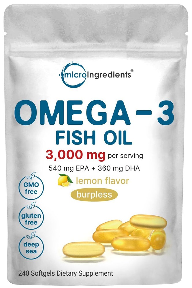 Omega 3 Fish Oil Supplements 3,000mg Per Serving, 240 Softgels | Lemon Flavor...