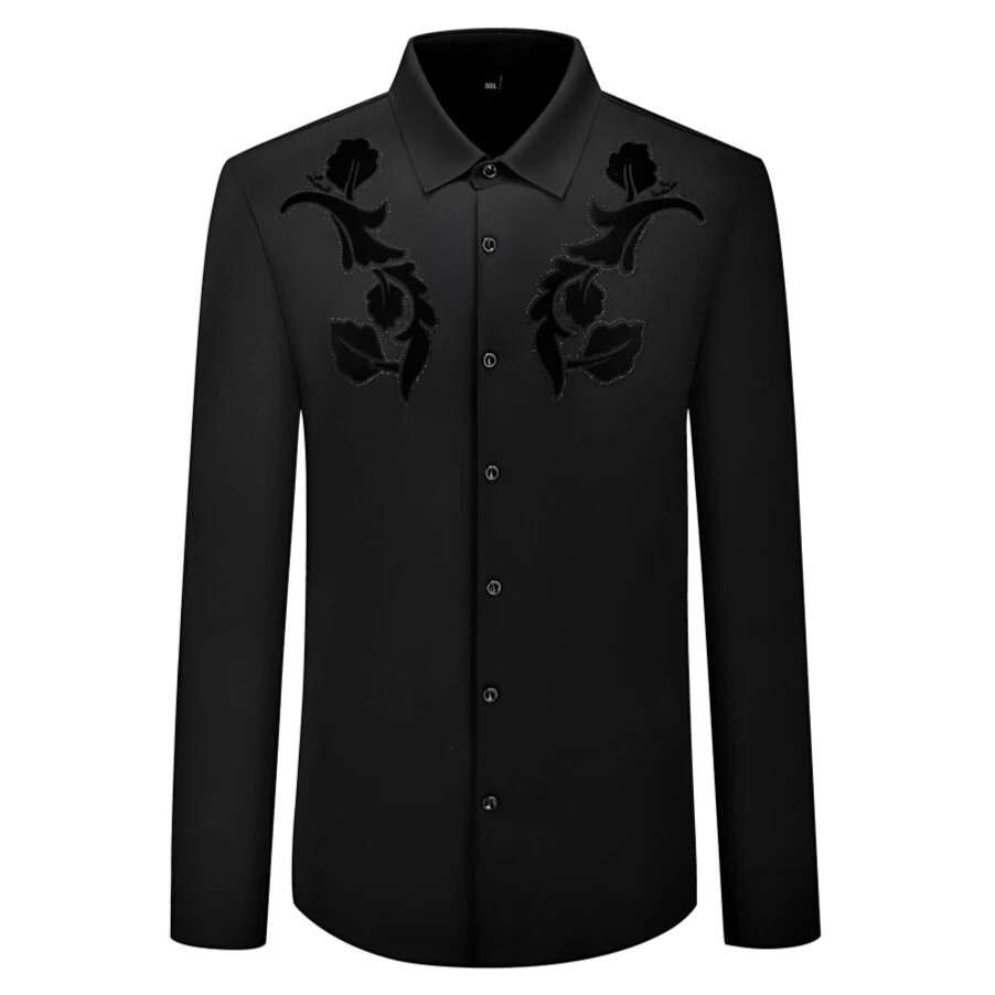 Men Luxury Feather Trend Rhinestone Slim Fit Dress Shirt Long Sleeve Button-Down