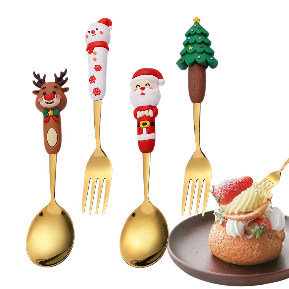 4pcs/set Xmas Decor Christmas Dessert Spoons Fork Table Decor Dining Set Elder