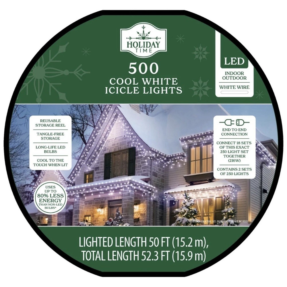 Holiday Time 500 Count Cool White LED Icicle Christmas Lights White Wire 52 FT