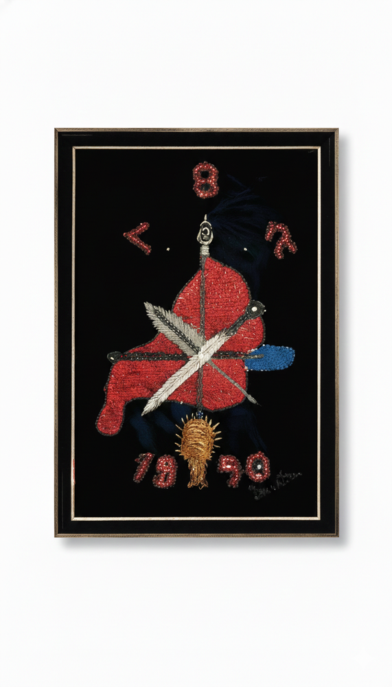 Vintage Haitian Vodou Drapo Beaded Flag Erzulie Dantor Heart Daggers Framed Art