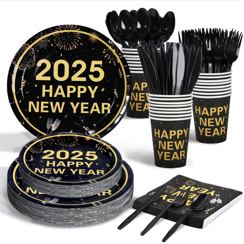 175pcs New Years Eve Party Supplies, Happy New Year Decorations 2025, Black G...-image