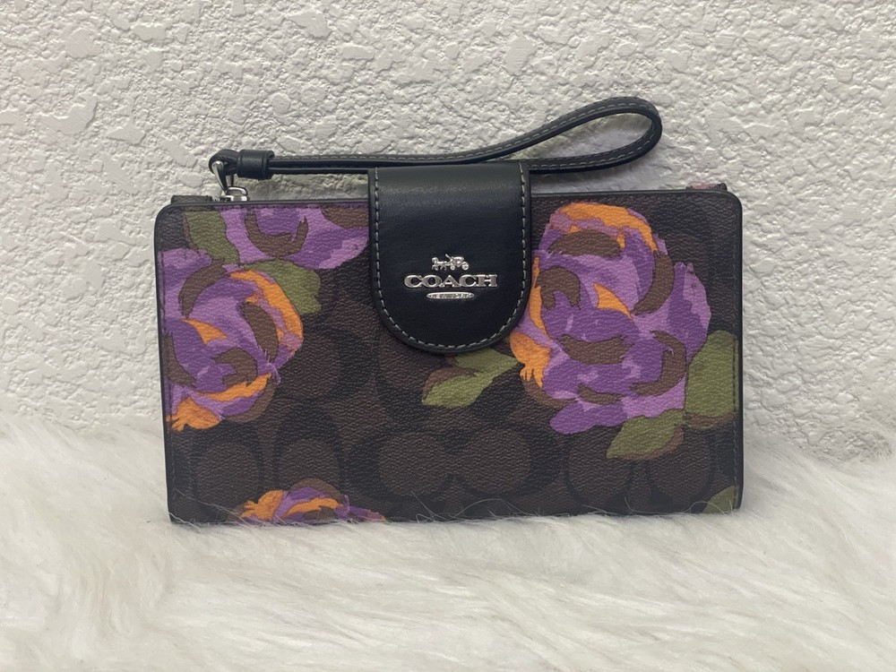 NWT Coach CL674 Large Phone Tech Wallet Wrist Strap Rose print