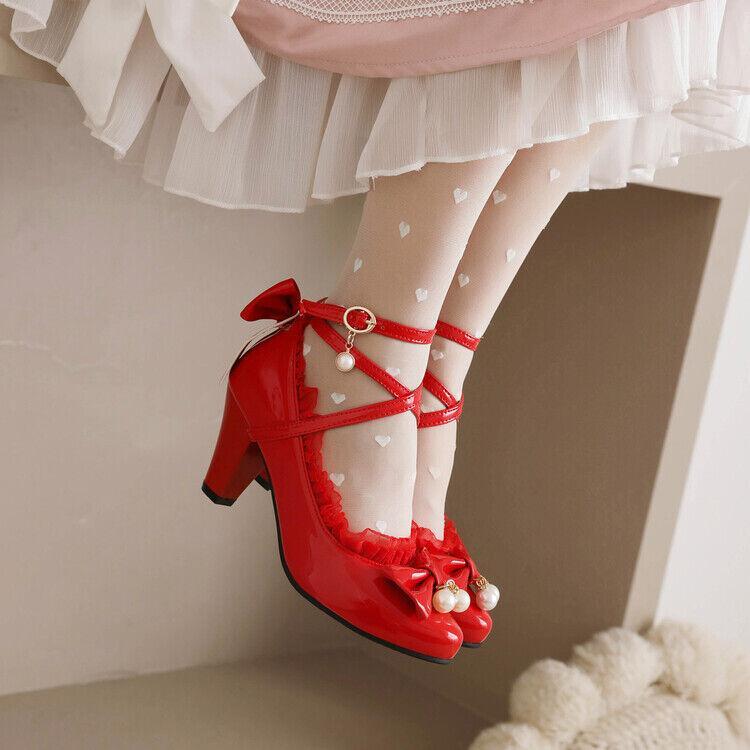 Women's Bow Ankle Strap Block Heel Dress Shoes in Faux Leather