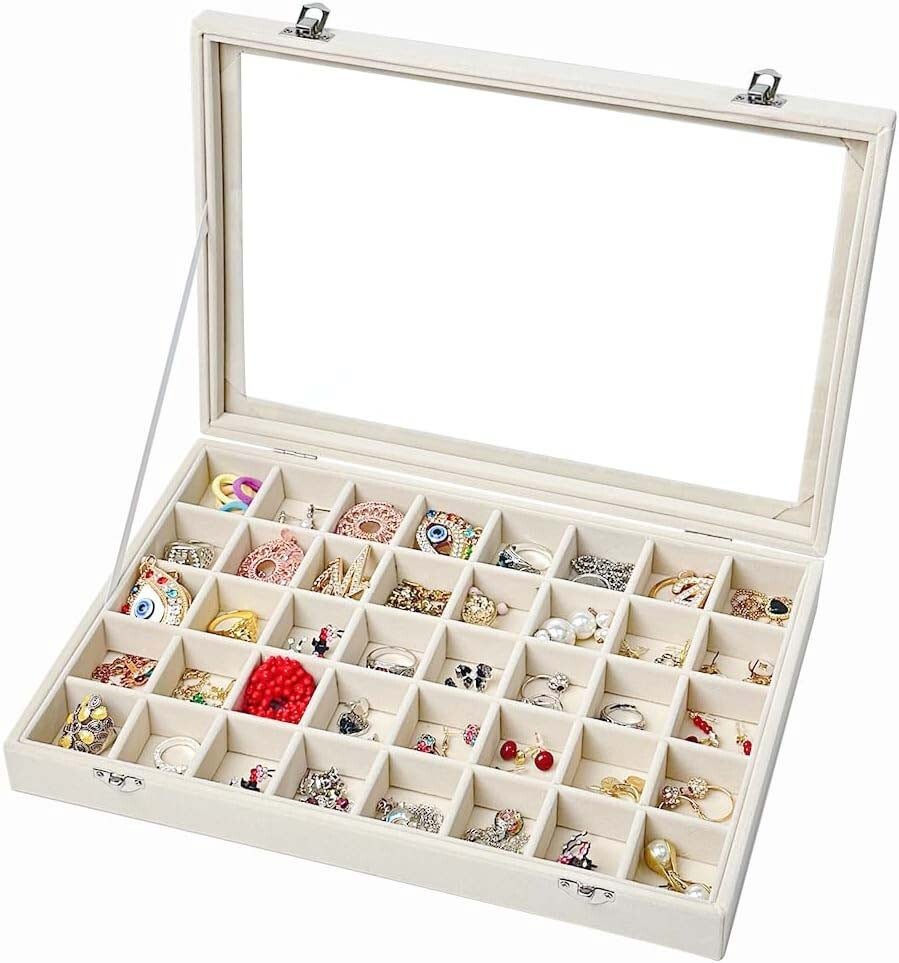 Beige Velvet 40-Grid Earring Organizer with Clear Lid for Jewelry Storage