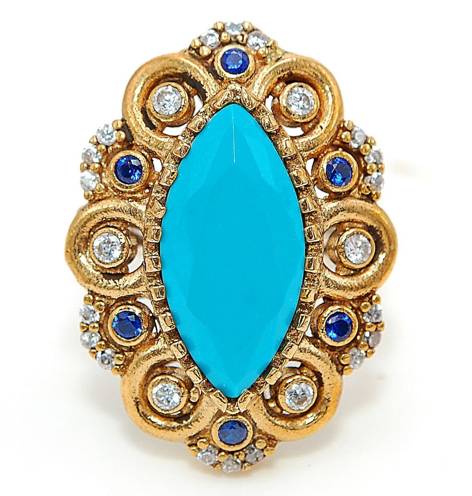 Elegant Ottoman Empire Inspired 2CT Turquoise & Topaz 925 Sterling Silver Ring Size 8 HB3-6