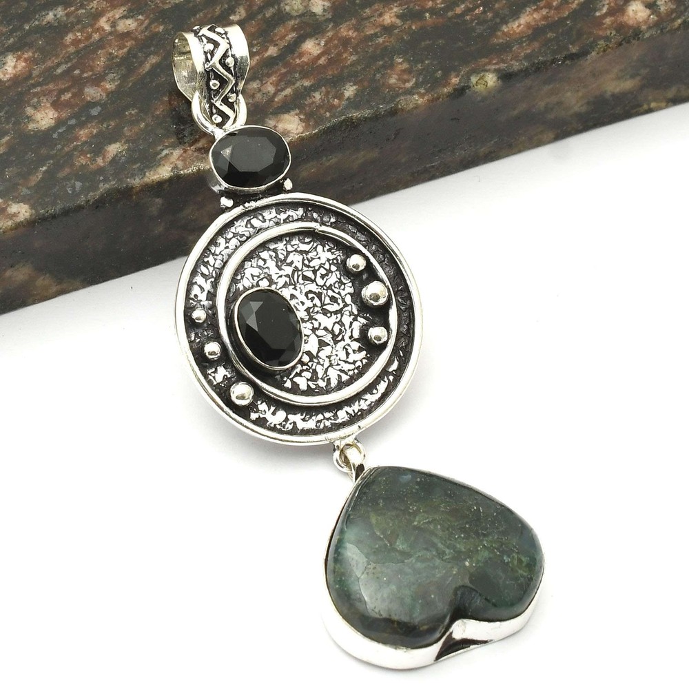 Moss Agate Black Onyx Ethnic Pendant Jewelry 3.2