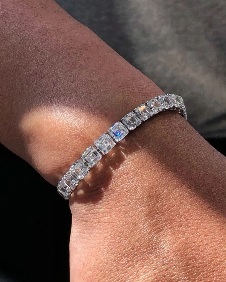 16 TCW Created Asscher Cut Diamond Women's Tennis Bracelet 14K White Gold Plated