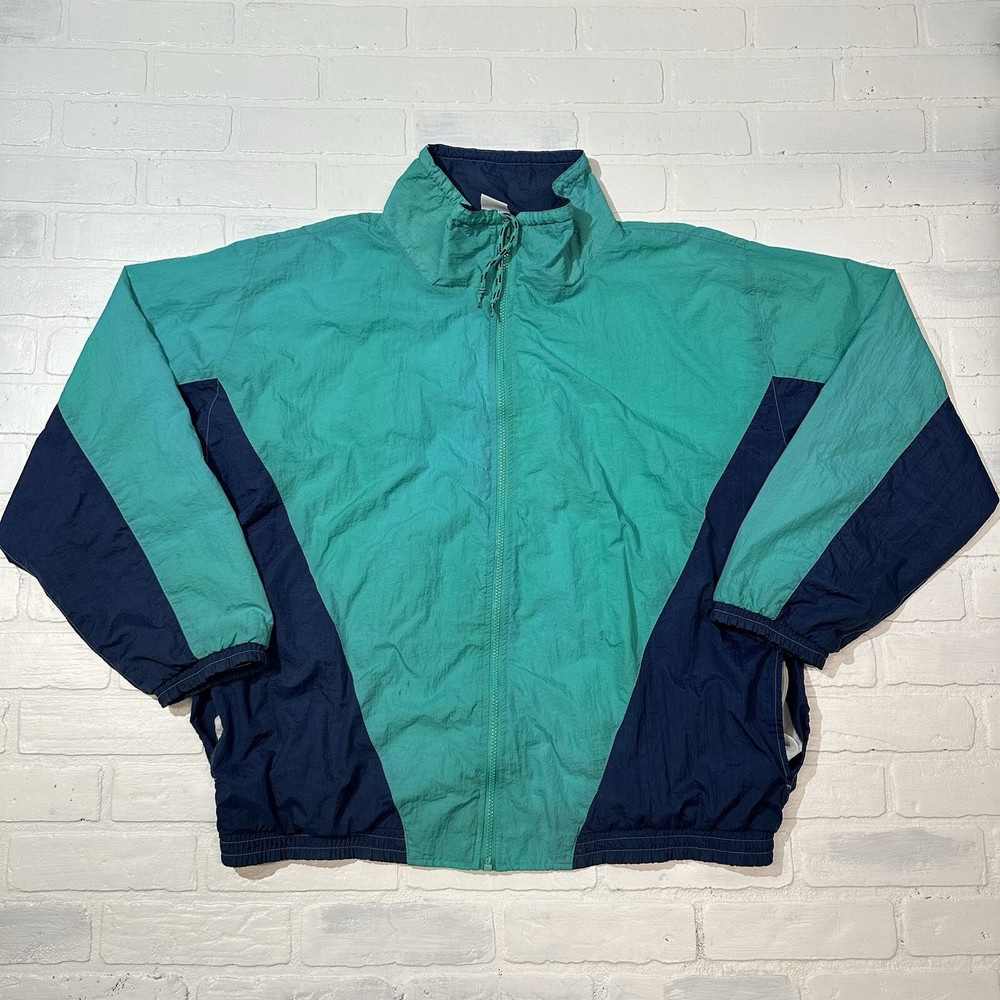 Vintage 90s Retro Jacket Mens L Green Windbreaker Track Full Zip Y2k