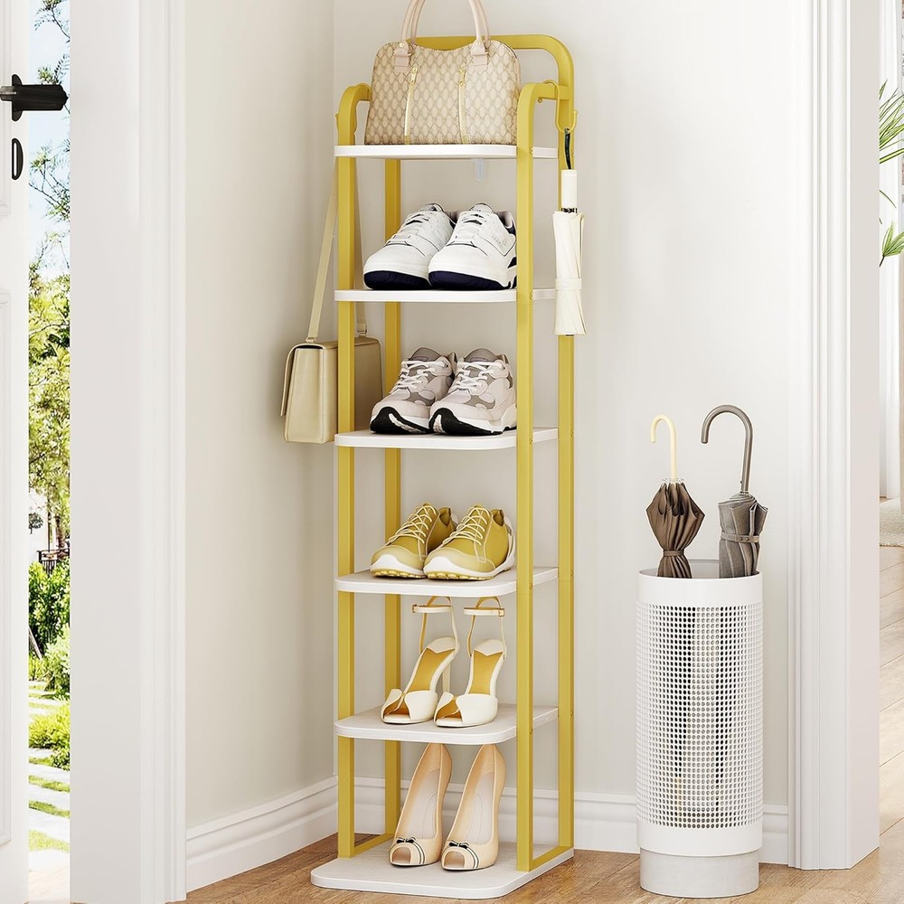 6-Tier Vertical Shoe Rack with Adjustable Shelves and Hooks for Narrow Spaces