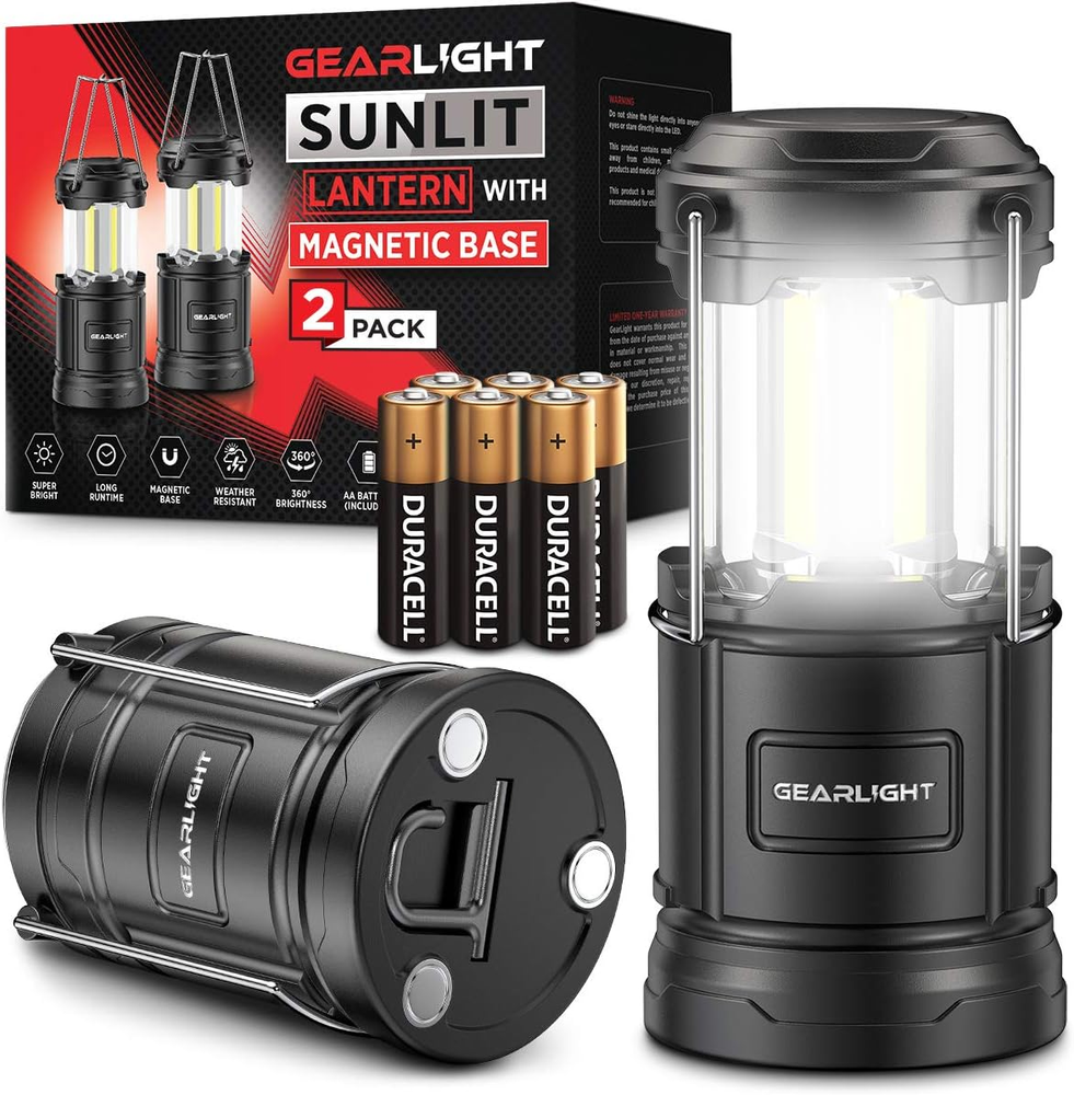 2 Battery-Powered LED Camping Lanterns with Magnetic Base & Hook.
