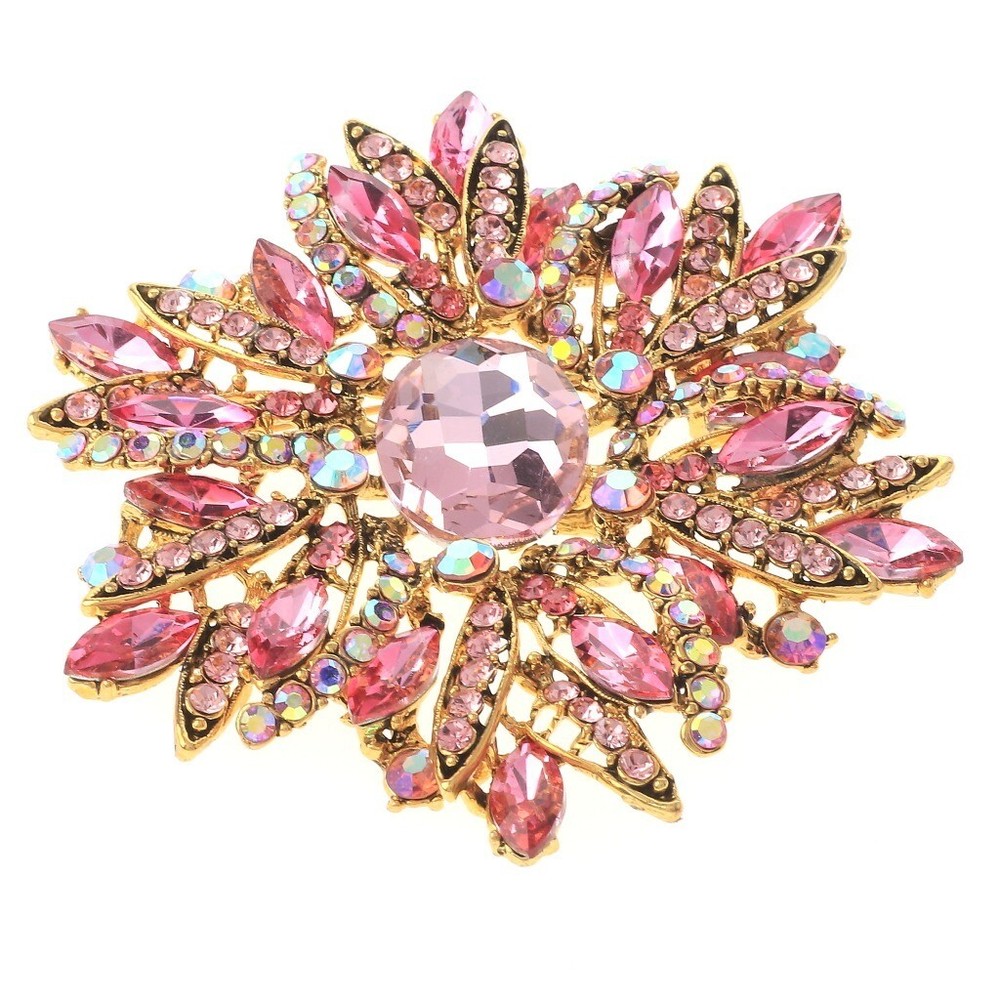Gold Tone Metal Flower Brooch With Rhinestone P1041-PNK