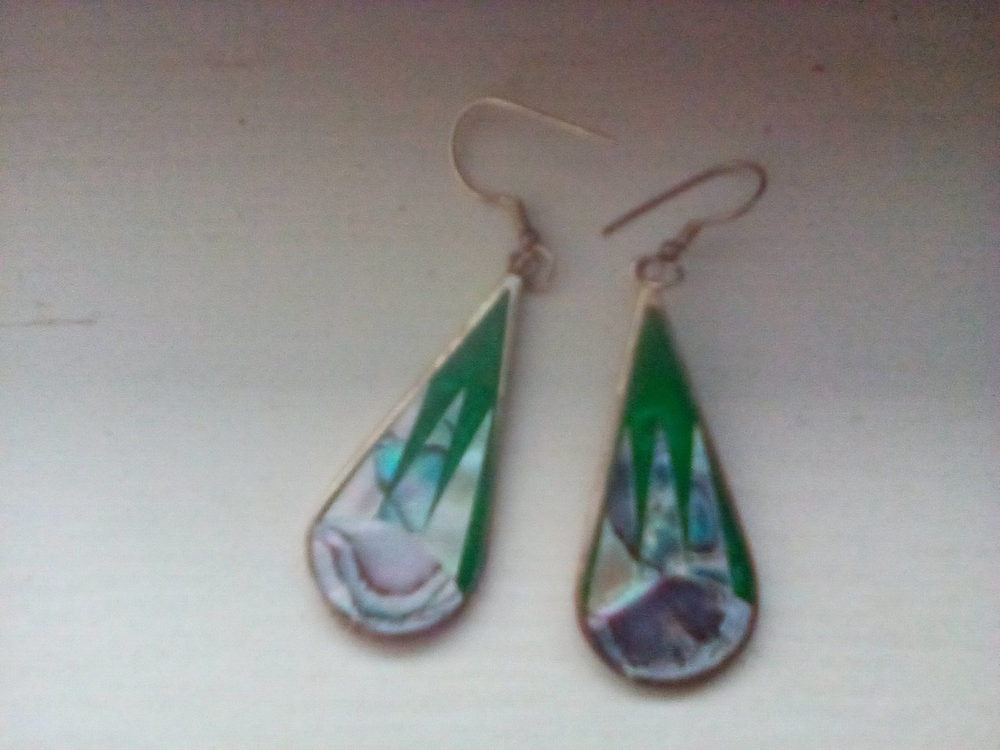 Albalone green tear drop dangle earrings in Mexican silver for pierced ears