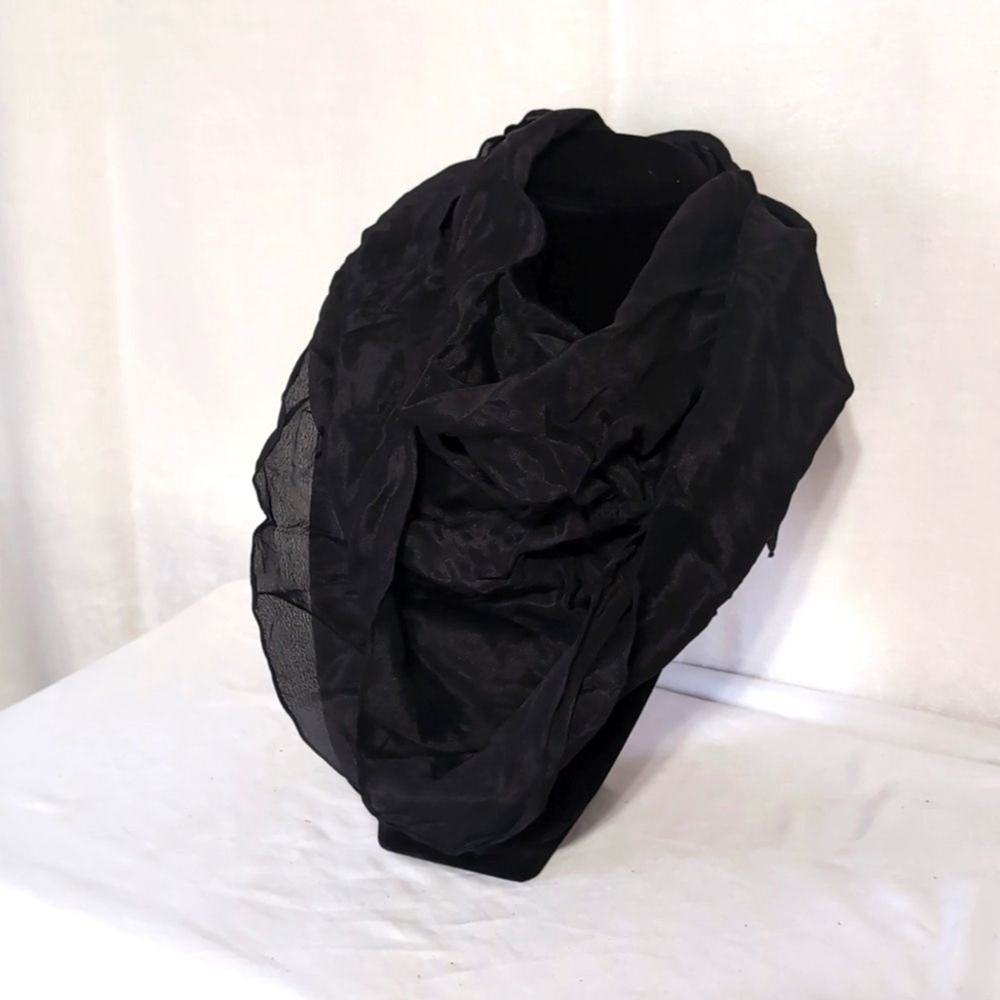 Vintage Black Silk Square Scarf with Handrolled Edging and Shiny Finish  