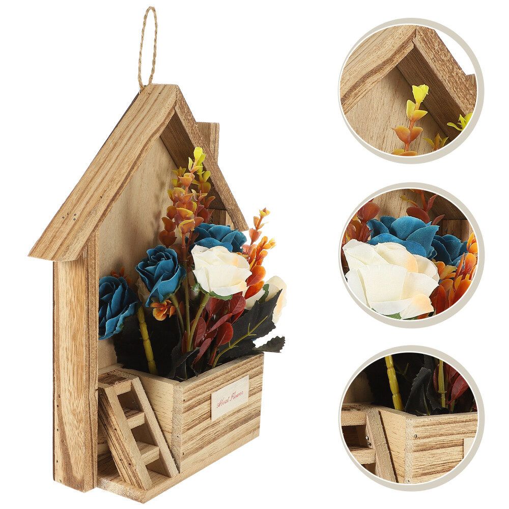 1 Set Artificial Flower In A Basket Silk Flowers Hanging Ornament With Wood