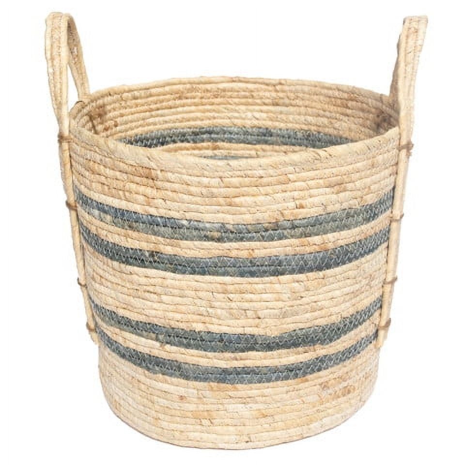 Natural Maize Colored Stripe Basket Decorative Stoarge Bin, Blue Gray, Large