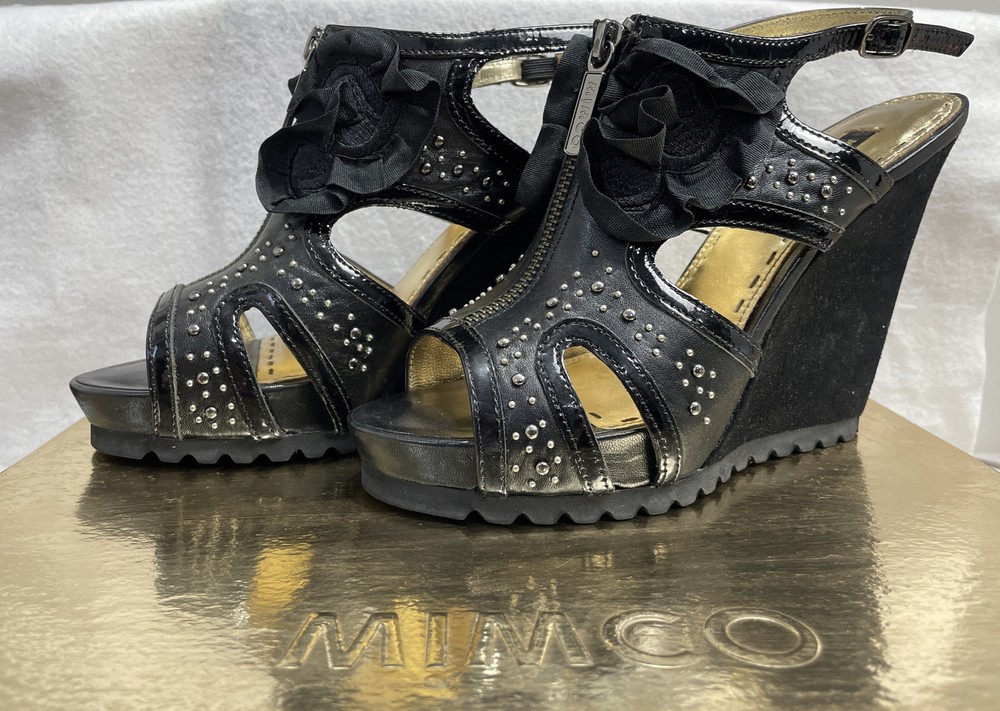 Mimco Debutante Black Wedge Shoes Size UK5 AUS7 with Dust Bag