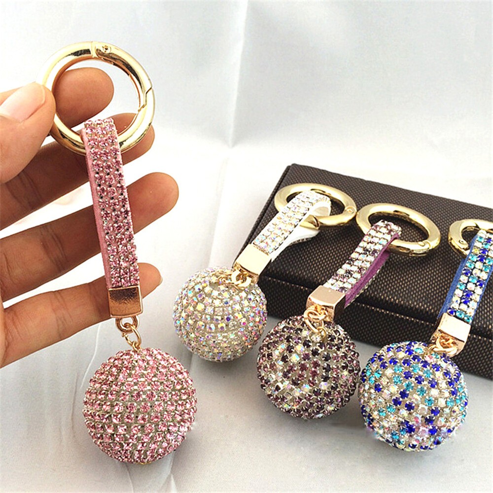 Women Rhinestone Leather Strap Crystal Ball Car Keychain Charm Pendant Key Ri