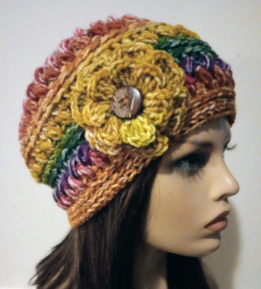 crochet womans handmade flower hat beanie rainbow stripes puffs