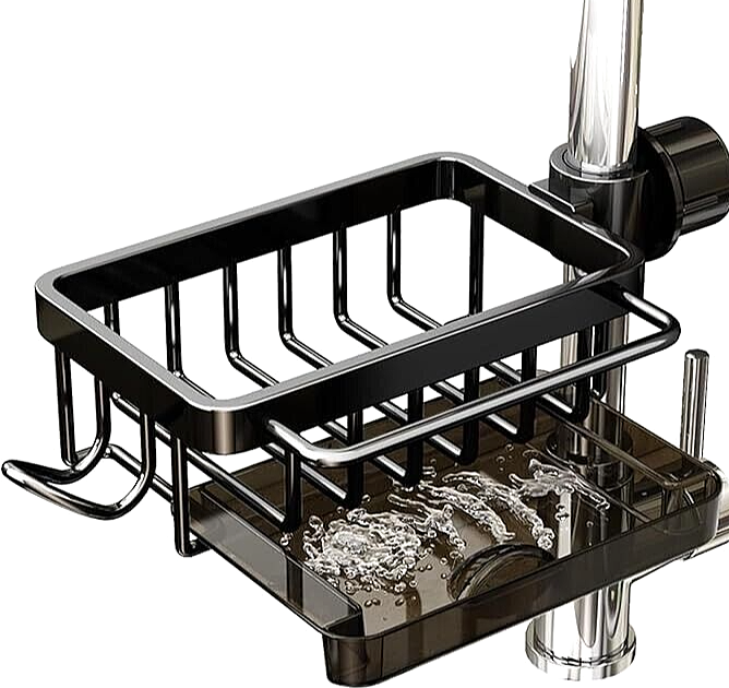 Black Detachable Kitchen Sink Faucet Organizer with Hanging Drain Rack, Left Side