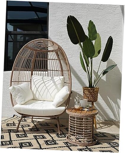 Wicker Egg Chair with Coffee Table, Outdoor Indoor Egg Shaped Chair, W/ Table