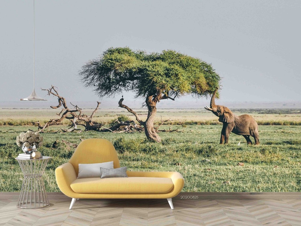 3D Grassland Tree Elephant Landscape Wall Murals Wallpaper Murals Wall Sticker 2