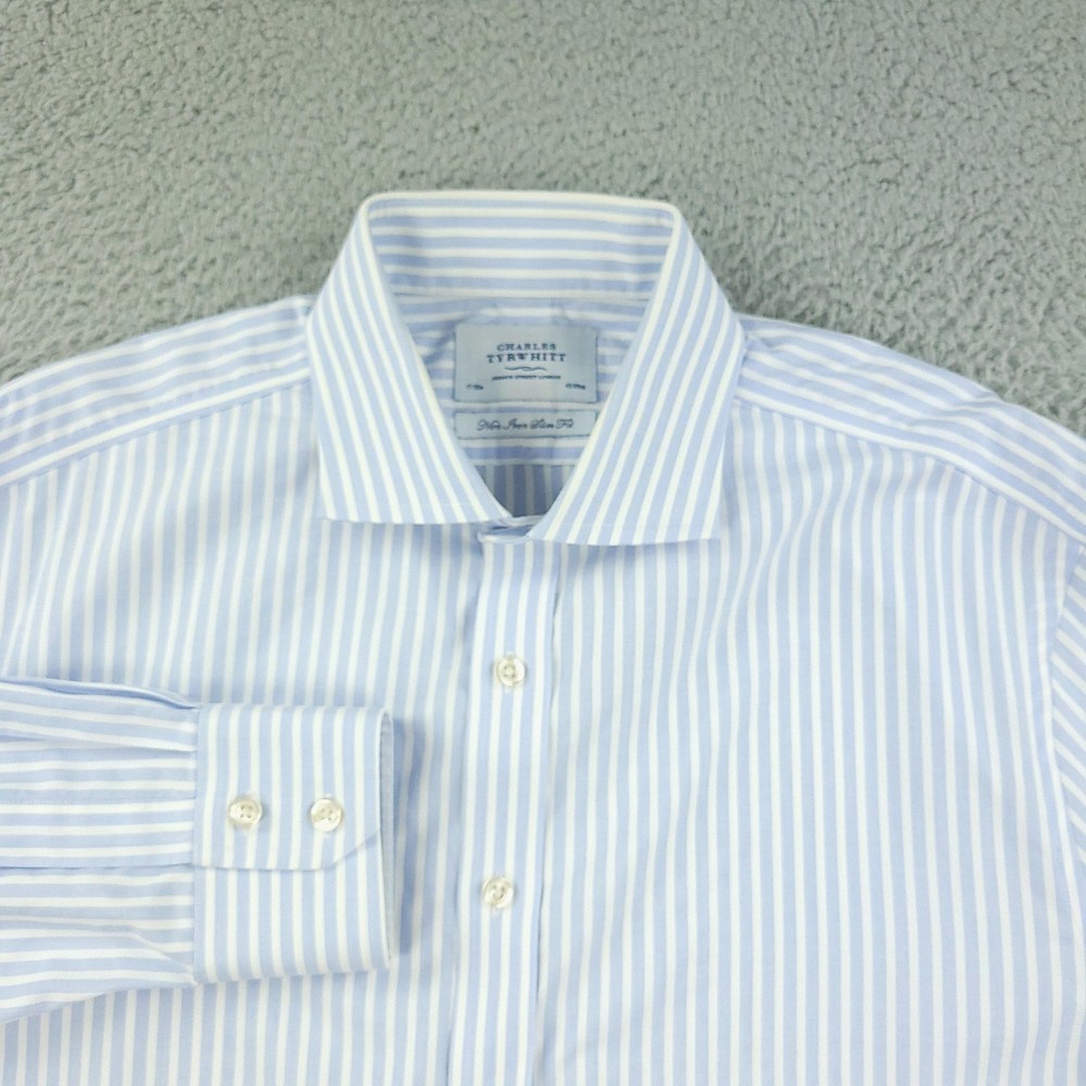 Charles Tyrwhitt Dress Shirt Mens 17 Blue Stripe Slim Fit Non Iron Cotton