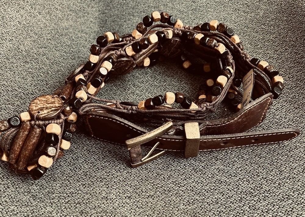 Nine West Brown Leather Belt with Brass Buckle & Beads Size XL Unisex