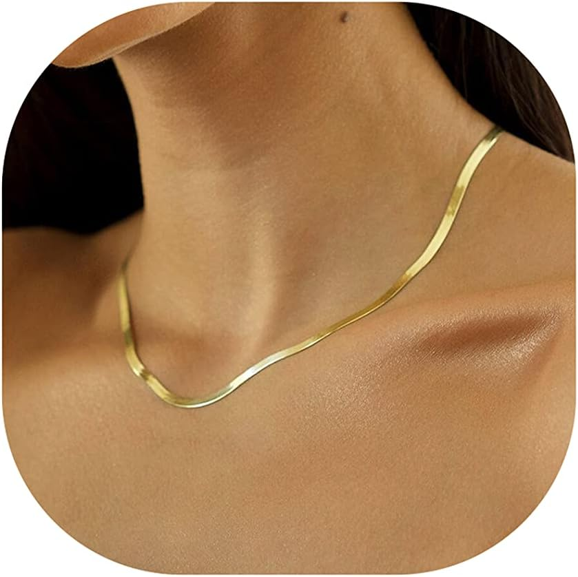 14K Gold Necklaces for Women, Dainty Gold Herringbone Choker Necklace for Women