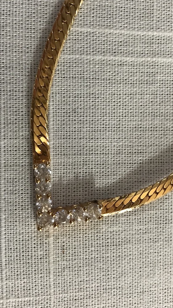 Gold Tone Herringbone Chain Necklace with Rhinestone Point 16 Inch Modern Design