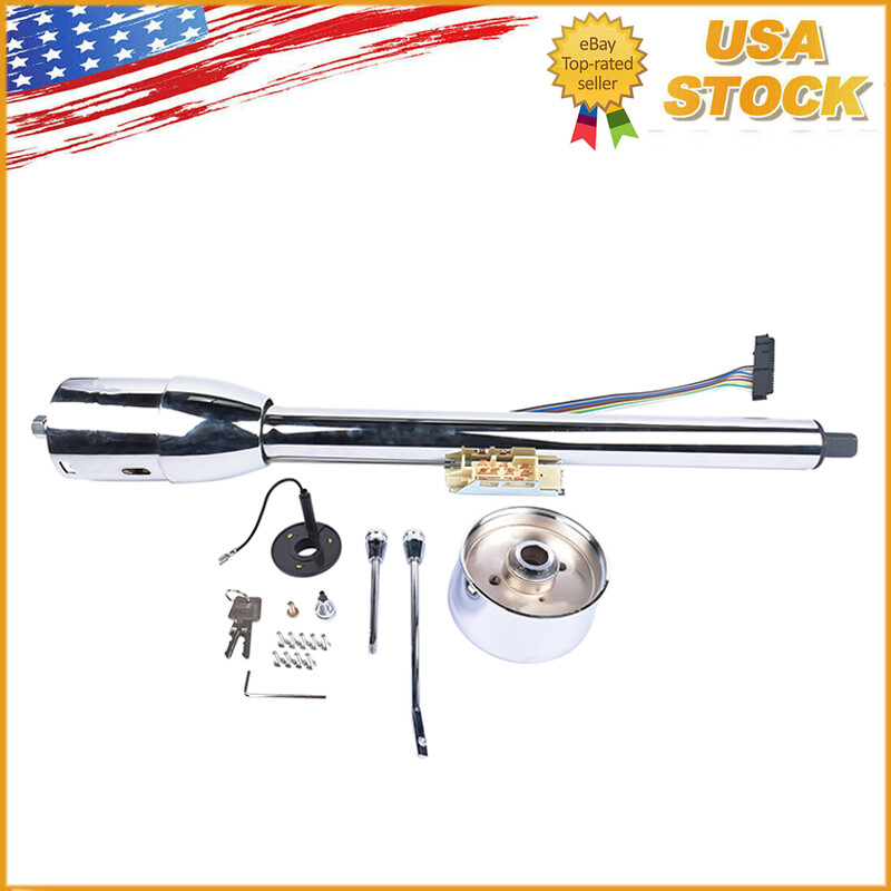 30 Inch Chrome Floor Shift Manual Tilt Steering Column with Key and 9-Bolt Wheel Adapter