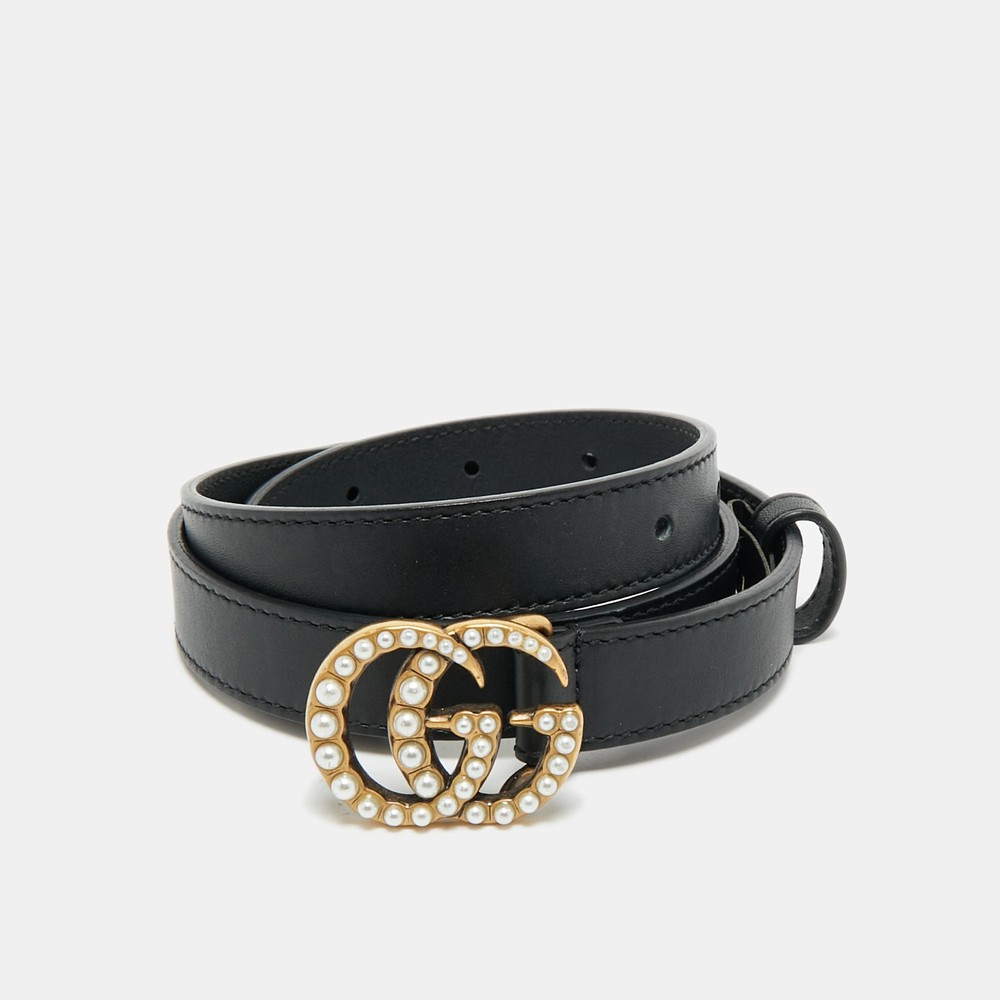 Gucci GG Marmont Slim Belt in Black Leather with Pearl Embellishments 75cm