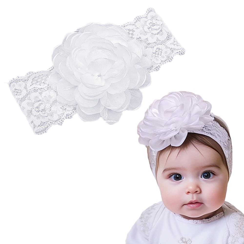 White Lace Christening Headband for Baby Girl Soft Cotton Flower Baptism Todd...