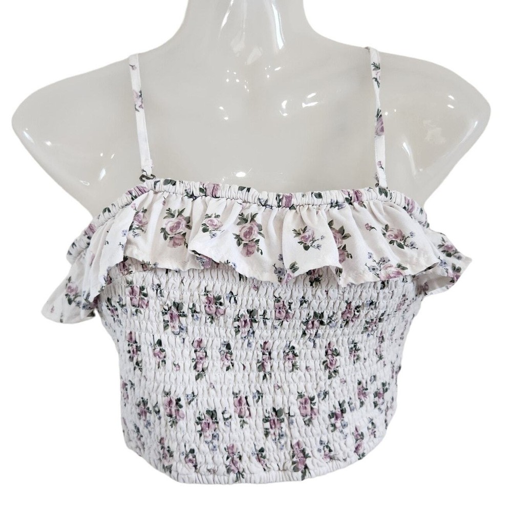 Hollister Ruffle Smocked Cropped Top Bandeau Convertible Floral White Size Small