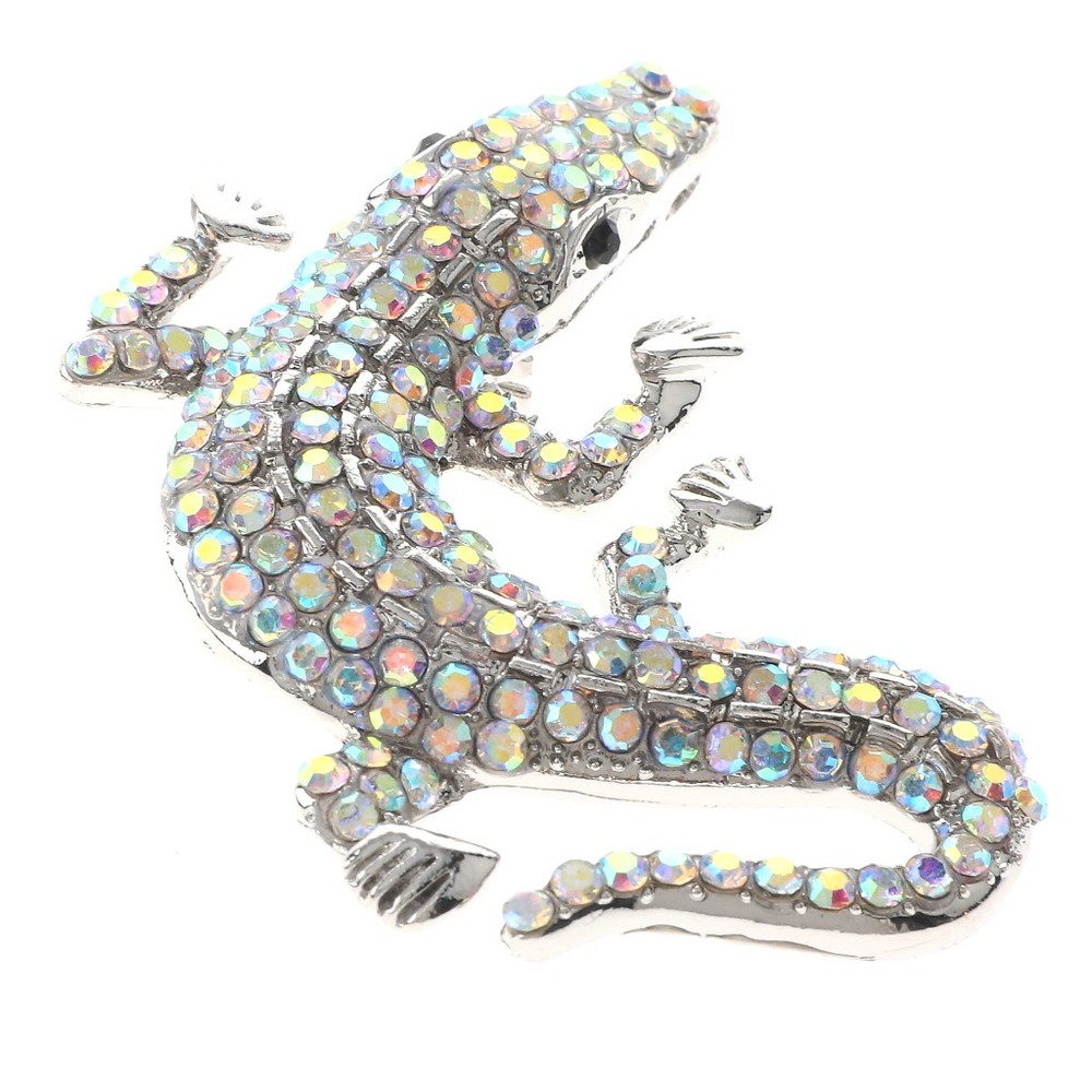 Silver Tone Alloy Metal Medium Size Crystal Rhinestone Alligator Brooch P1581...
