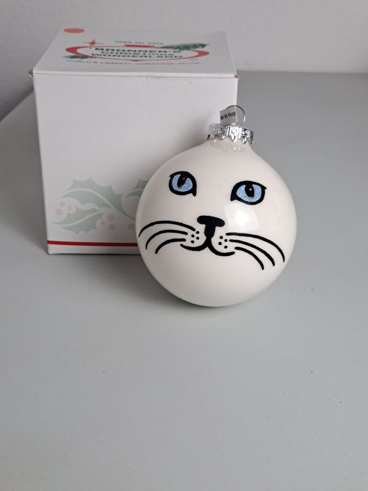 BRONNER'S CHRISTmas WONDERLAND WHITE CAT FACE BLOWN GLASS BALL ORNAMENT