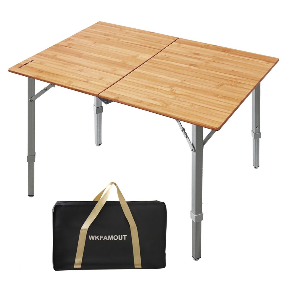 Bamboo 2-Fold Camping Table with Adjustable Aluminum Legs Portable Lightweight