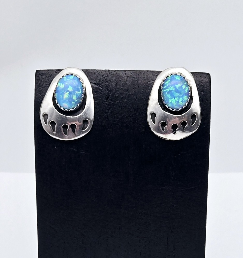 Vintage Navajo 'S.E.' Sterling Silver Blue Opal Bear Paw Post Earrings - 3.6g