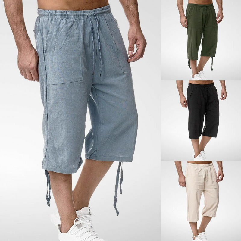 Mens Linen Shorts 3/4 Pants Crop Capri Trousers Pocket Elastic Waist Ethnic