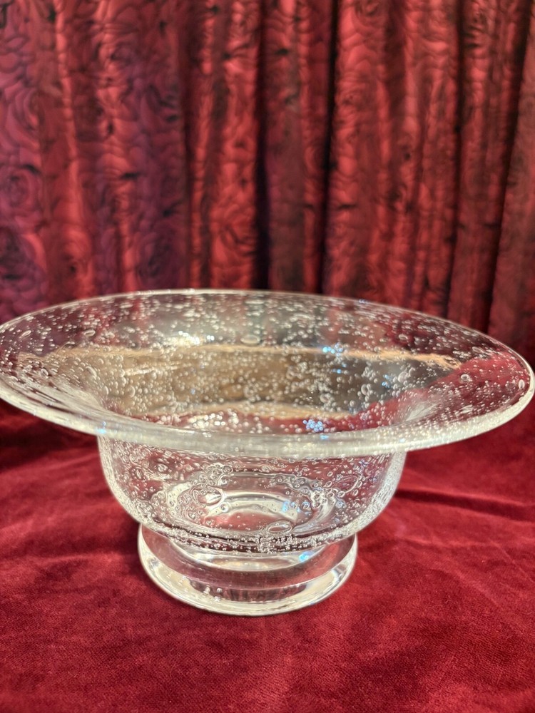 Hand Blown Clear Bubble Art Glass Pedestal Bowl 8x4 Inches