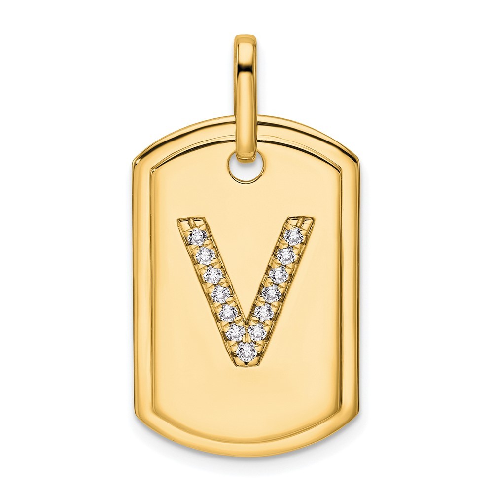 14k Yellow Gold Diamond Initial V Dog Tag Charm Pendant L-1.05 Inch, W-0.7 Inch