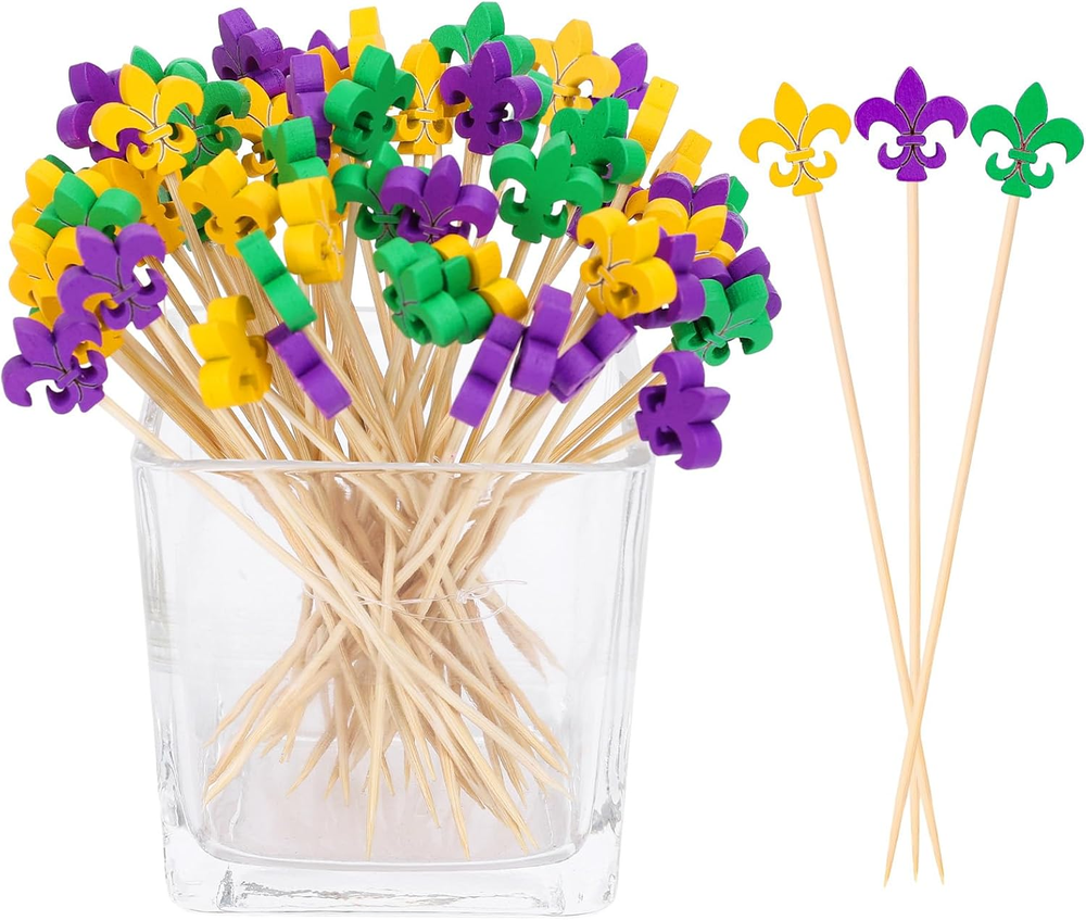 120Pcs Mardi Gras Cocktail Picks Purple Green Yellow Handmade Toothpicks Decorat