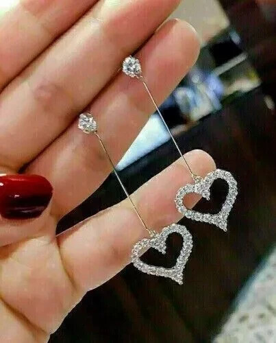 2 Ct Lab Created Diamond Drop Dangle Heart Shape Earrings 14k White Gold Plated