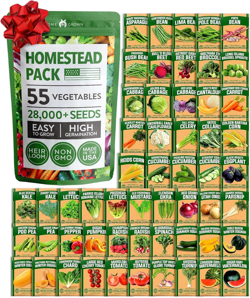 55 Variety Vegetable Seed Pack 28,000+ Heirloom Non-GMO Survival Garden Kit