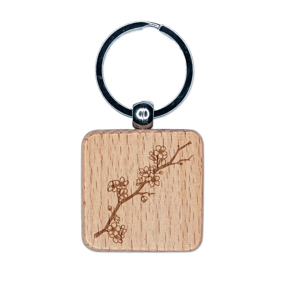 Cherry Blossom Flowers Tree Branch Engraved Wood Square Keychain Tag Charm