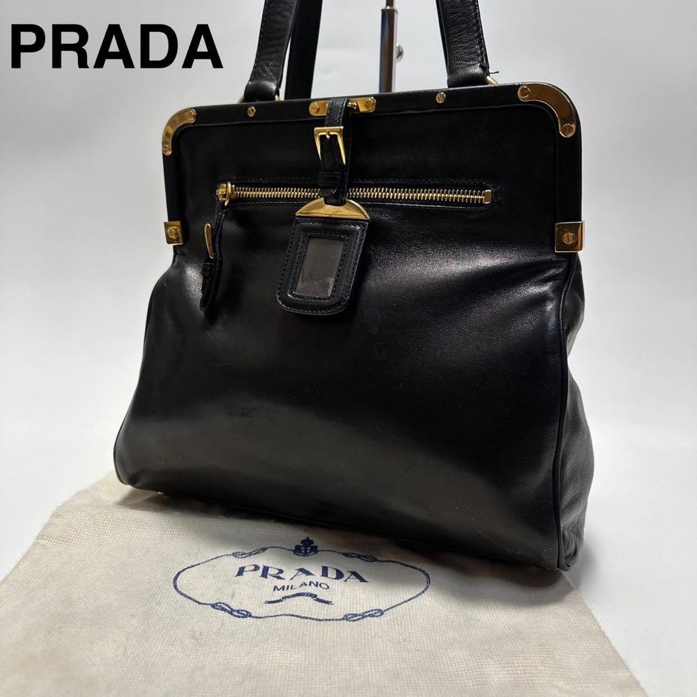 Prada Black Leather Tote Bag with Gold Charm Hardware Excellent Condition Japan