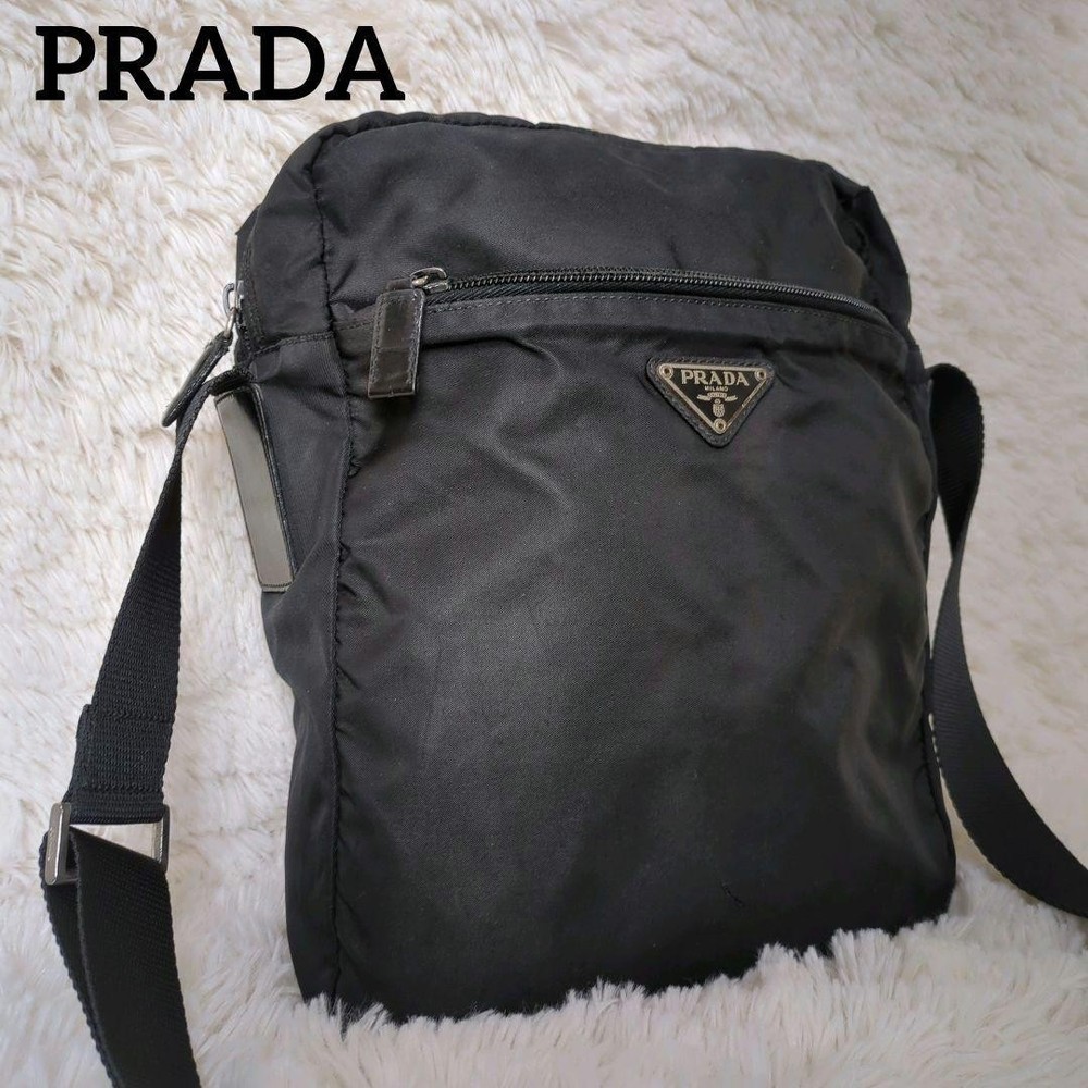 Prada Tessuto nylon shoulder bag with triangular logo in black imported from Japan