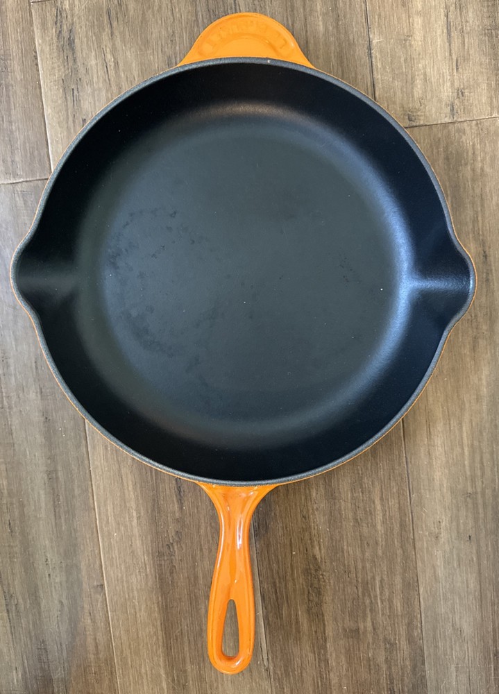Vintage Le Creuset 12 Inch Enameled Cast Iron Skillet Red Orange Double Spout #30