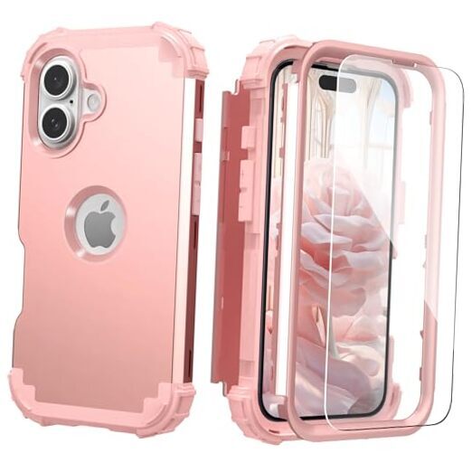 for iPhone 16 Plus Case with Screen Protector for Women, 3 in 1 Rose Gold